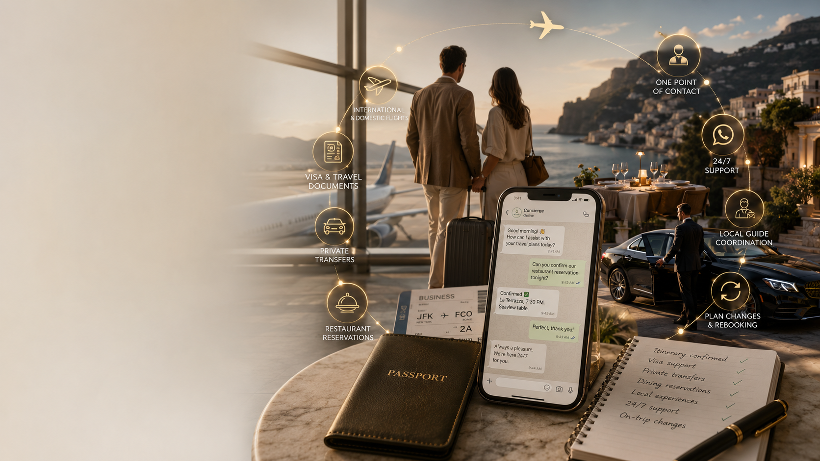 Wanderon concierge in action — flights, transfers, dining and 24/7 WhatsApp support, all from one point of contact